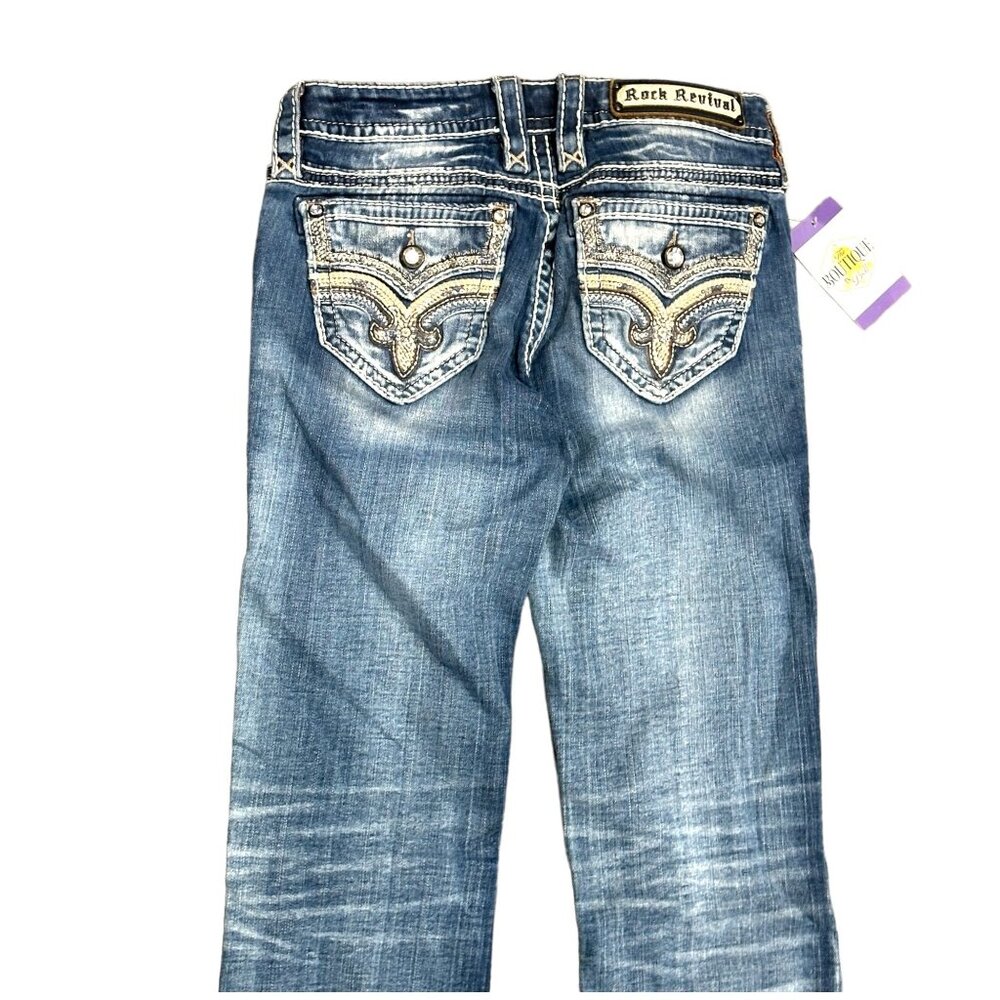 Rock Revival Lanlan Bootcut 27 Jeans Swarovski Leather Insert Faux Flap Pocket - Picture 11 of 16